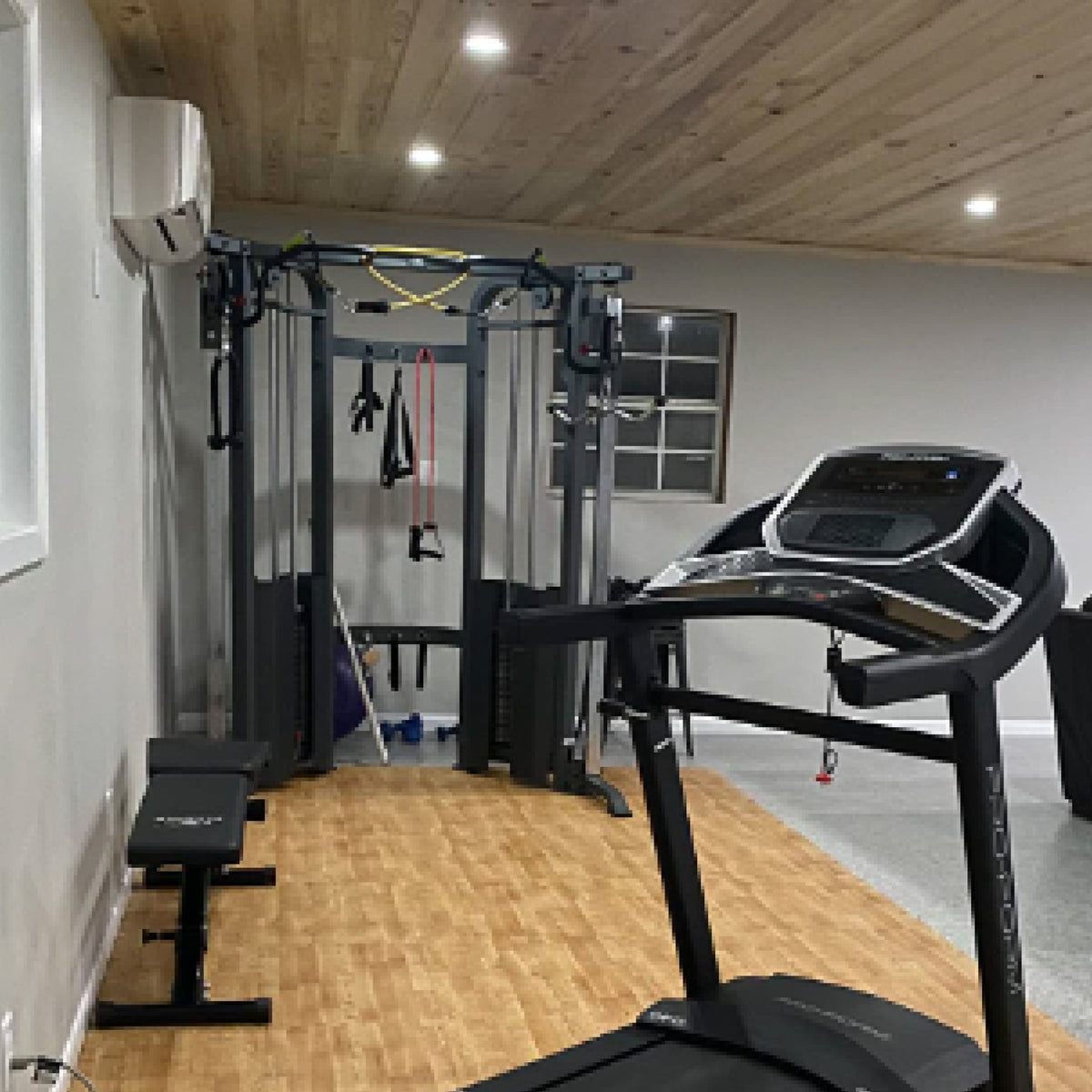 Functional Trainer Cable Machine with 200 lb Weight Stacks and Adjustable Weight Bench