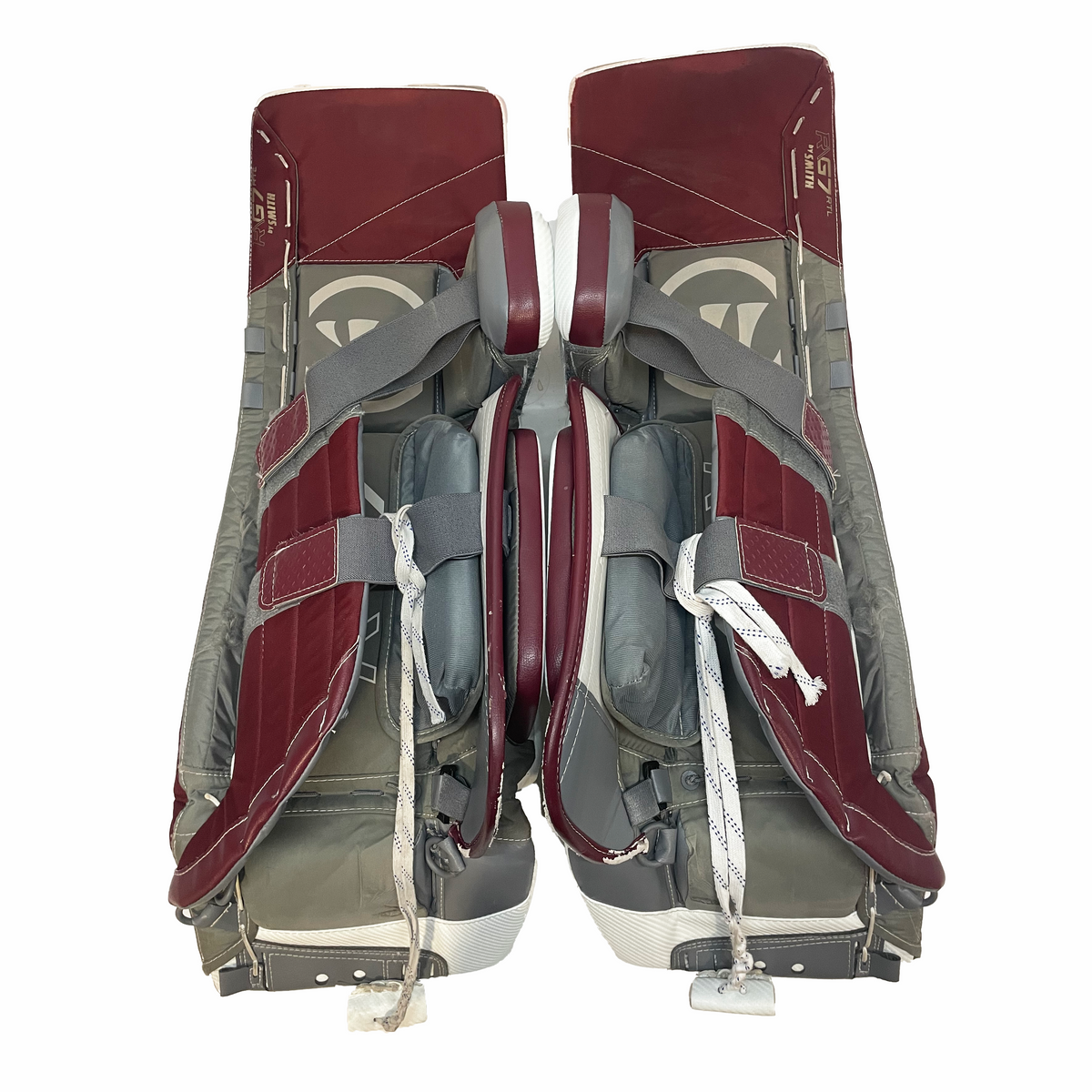 Warrior Ritual G7 Pro - Used NCAA Pro Stock Goalie Pads (White/Maroon/Gold)