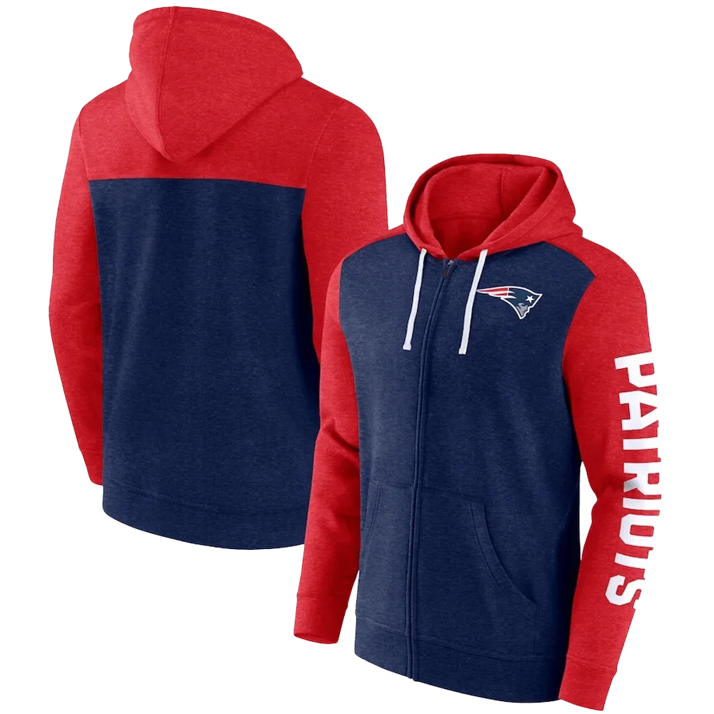 New England Patriots Heather Navy Blue Down and Distance Full-Zip Hoodie